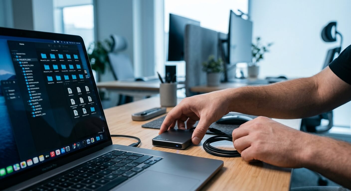 デスクで機器を操作する人の手