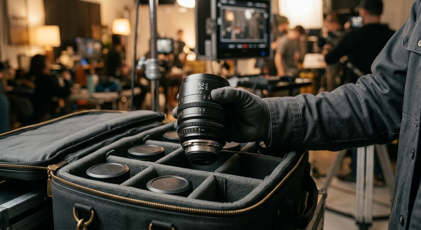 映像制作現場で機材を整理する手